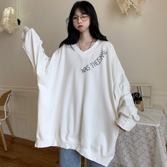 Real shot 2021 spring and autumn new long sleeve Korean loose large V-neck split letter printed sweater female student