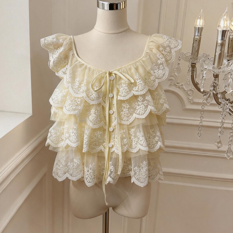 Beautiful French-Style Pure Desire Layered Lace Ruffle Shirt for Women, 2026 Summer New Design with Flying Sleeves Beautiful French-Style Pure Desire Layered Lace Ruffle Shirt for Women, 2026 Summer New Design with Flying Sleeves