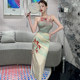 Kalan Yuqi~2023 new improved cheongsam young style printed slit slim mid-length suspender dress