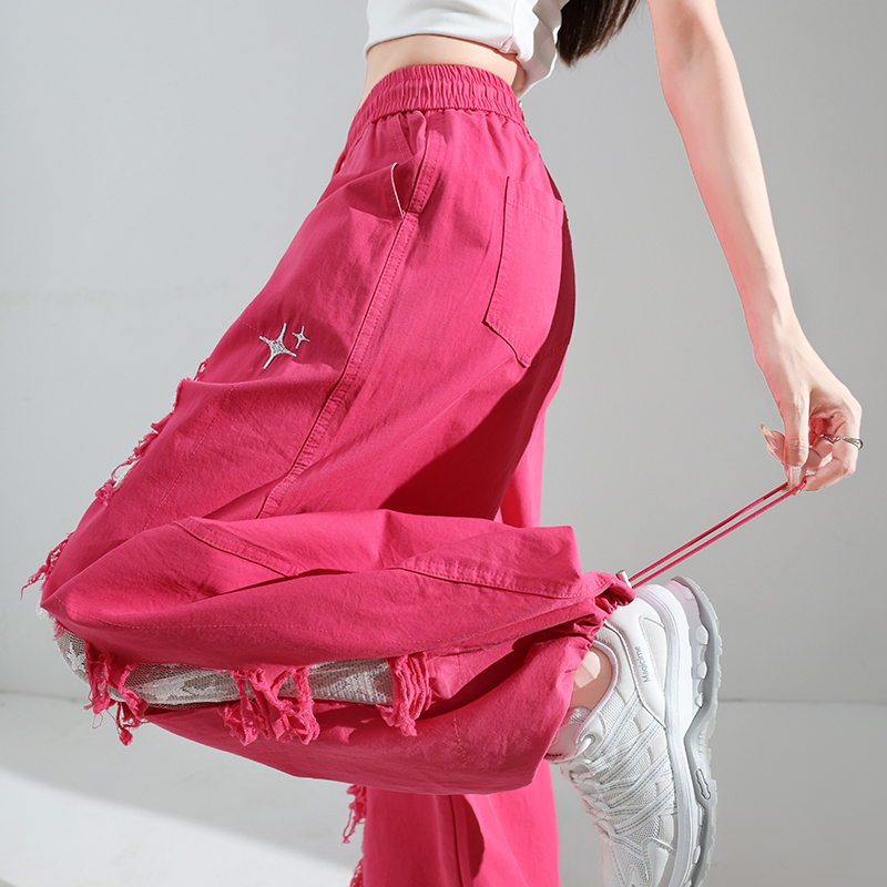 2025 Summer New French Style Ripped Lace Patchwork Scimitar Pants Fashion Embroidered Wide-Leg Jogger Two-Way Casual Pants