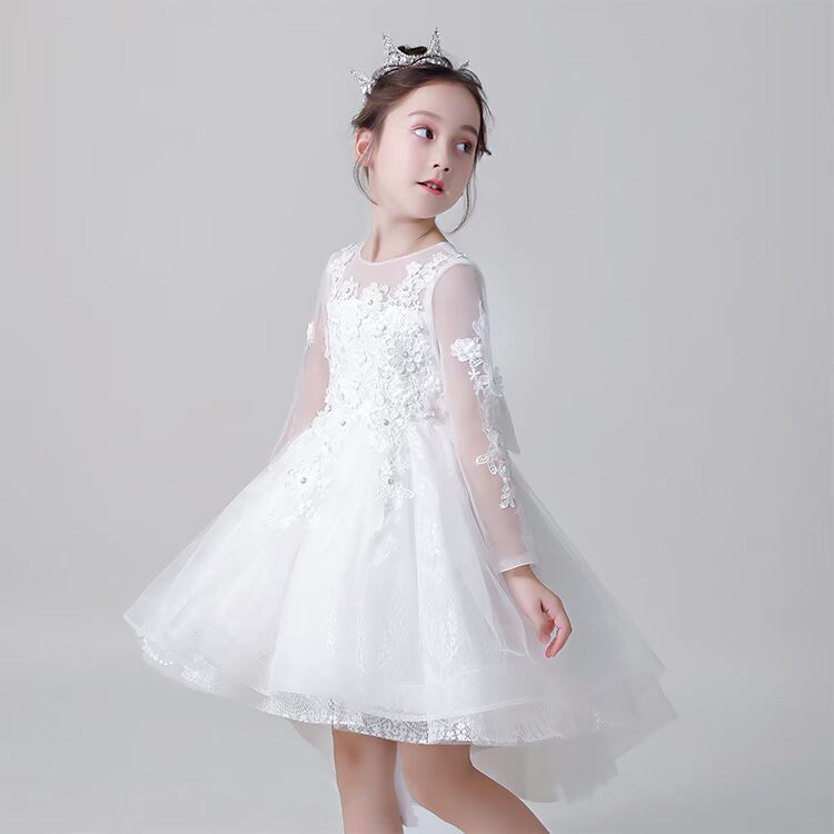 Váy bé gái đuôi công chúa váy hoa trắng cô gái sinh nhật váy cưới piano nhỏ chủ trang phục dài tay thời trang thiếu nhi