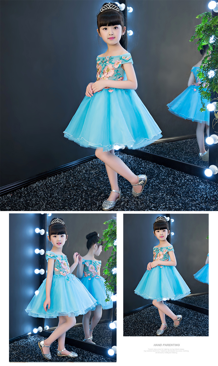 Trẻ em ăn mặc công chúa váy cô gái đám cưới tutu màu xanh một vai hoa cô gái ăn mặc được tổ chức sàn catwalk trang phục váy đầm thu đông cao cấp bé gái