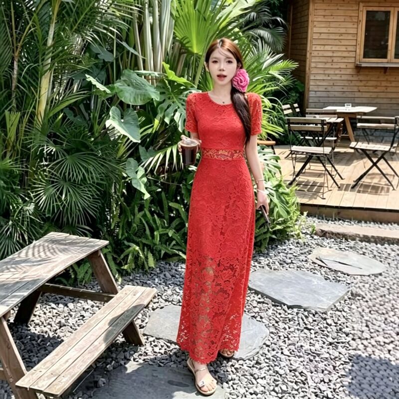 2026 New Style Goddess-Like Elegant Lace Sexy Long Dress with a Flared Hem, Waist-Cinching, Slimming Effect, and Hollow-Out Waist Design in Red 2026 New Style Goddess-Like Elegant Lace Sexy Long Dress with a Flared Hem, Waist-Cinching, Slimming Effect, and Hollow-Out Waist Design in Red