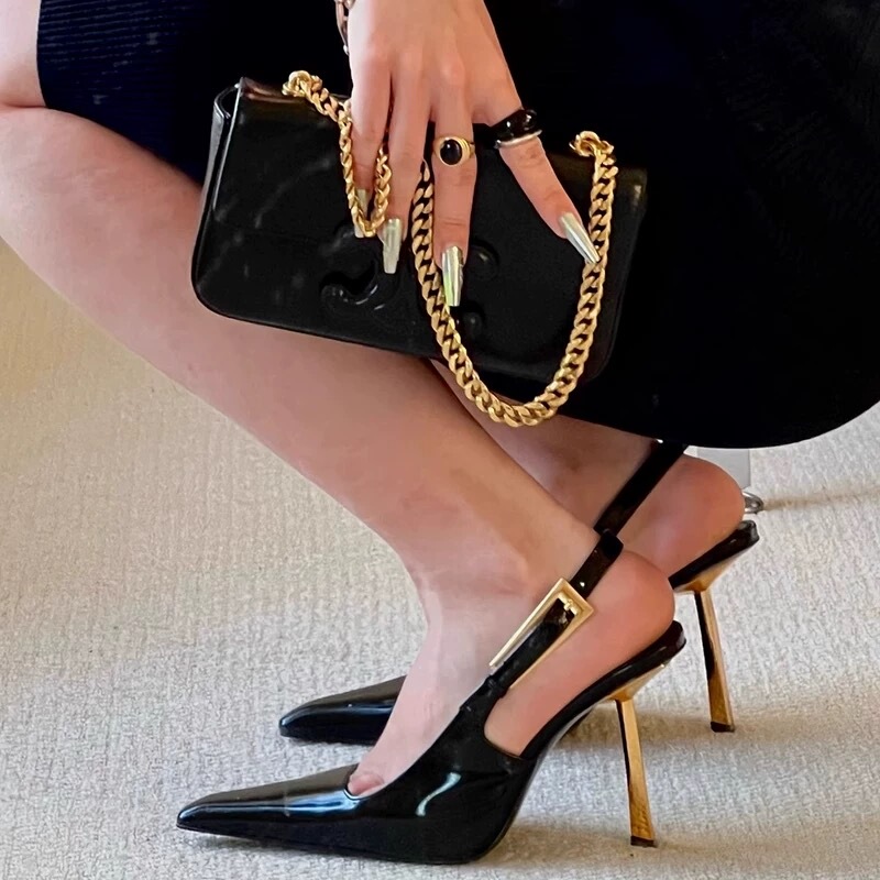 2026 New Style Elegant Black Pointed-Toe High-Heeled Shoes for Women, Stiletto Patent Leather Shoes with Gold Heels, Sexy Closed-Toe Sandals