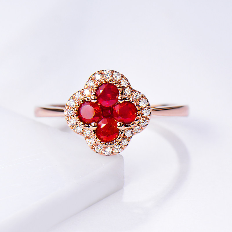 New star color treasure natural pigeon blood ruby ​​lucky four-leaf clover ring 18k rose gold real diamond ring custom