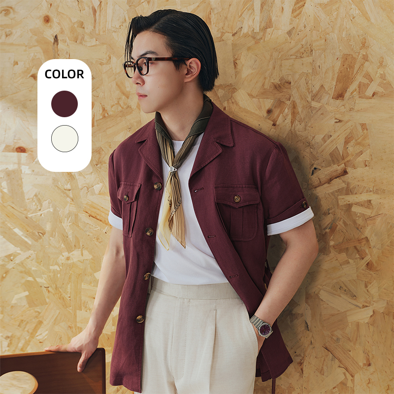 【Safari Jacket Collar】Pyfz Summer Loose Versatile Short-Sleeve Lightweight Waist-Tightening Safari Jacket for Men