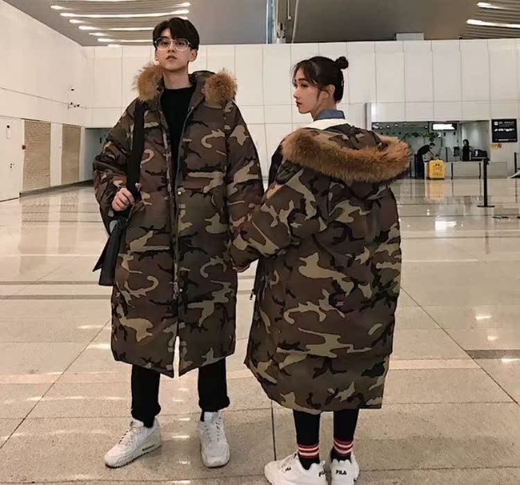 Mùa đông đôi nam nữ bf ngụy trang công cụ trên đầu gối trong phần dài của áo lưới thương hiệu bông thủy triều đỏ áo khoác OVERSIZE áo khoác kaki nữ