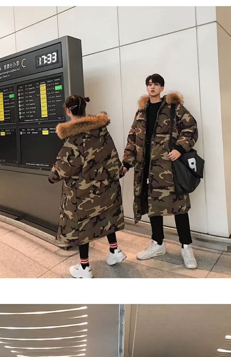 Mùa đông đôi nam nữ bf ngụy trang công cụ trên đầu gối trong phần dài của áo lưới thương hiệu bông thủy triều đỏ áo khoác OVERSIZE áo khoác kaki nữ