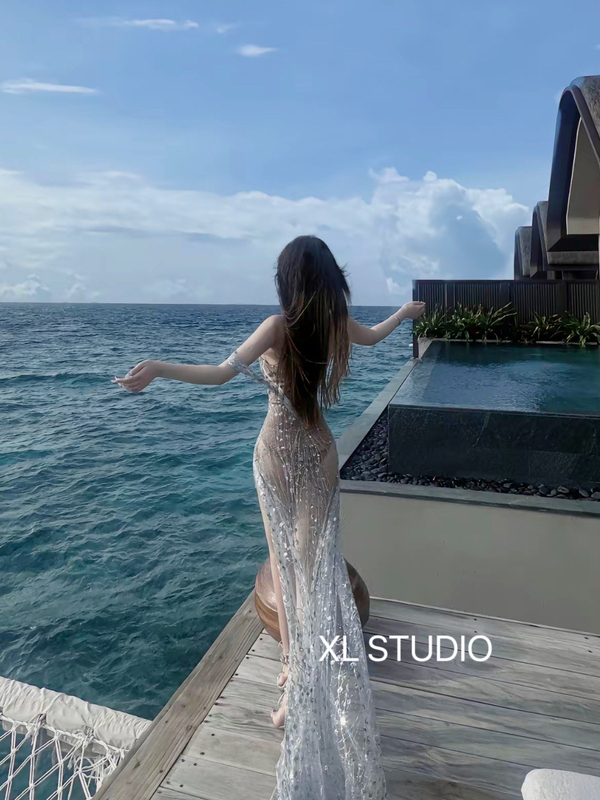 Sexy Strapless Slim-Fit Sequin Sheer Mesh Vacation Beach Floor-Length Dress Gown Silver Women's Clothing
