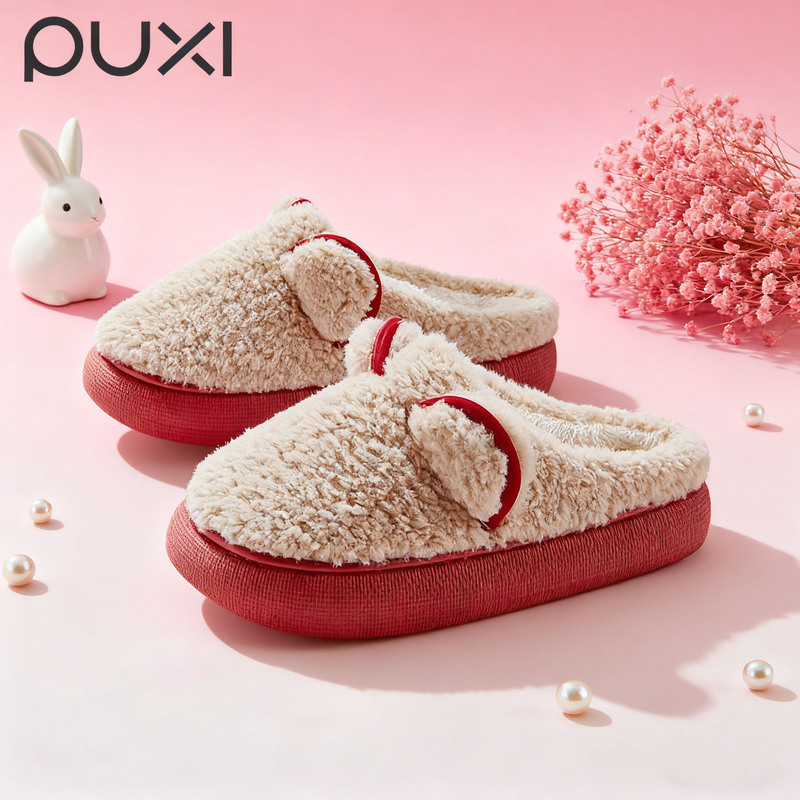 Puxi Teddy Bear Couple Winter Cute Cartoon Teddy Bear Cotton Slippers Non-Slip Bathroom Warm Silent Thick Soft Sole