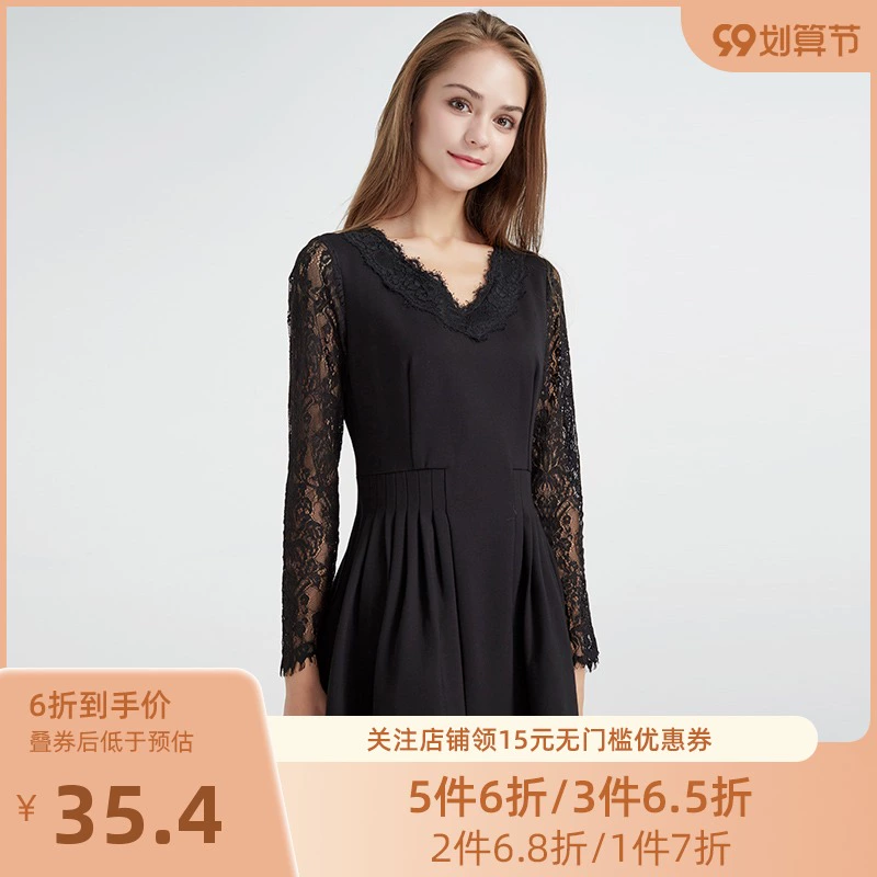 Jian Duo của phụ nữ Mùa xuân Sản phẩm mới Màu tinh khiết Váy ren gợi cảm giảm béo Váy dài tay chữ V của phụ nữ G61127 - Sản phẩm HOT