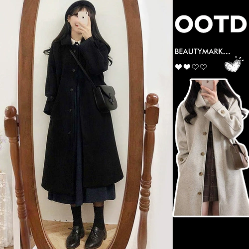 Черное шерстяное пальто, длинная демисезонная куртка, 2025 года, подходит для подростков, увеличенная толщина