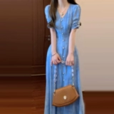 Синяя летняя приталенная длинная юбка, корсет, яркий броский стиль, изысканный стиль