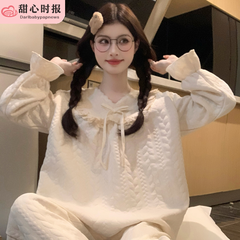 Korean Princess Style Thickened Pure Cotton Pajamas for Women, Spring, Autumn and Winter Long-Sleeved Air Cotton Layered Home Wear Beige Set
