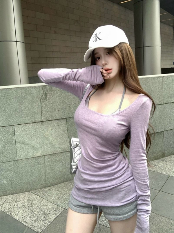 Korean-Style Purple Slim-Fit Round-Neck Long-Sleeve Regular Shoulder T-Shirt for Women, Summer Slimming Base Shirt, Thin Casual Sun-Protective Top Korean-Style Purple Slim-Fit Round-Neck Long-Sleeve Regular Shoulder T-Shirt for Women, Summer Slimming Base Shirt, Thin Casual Sun-Protective Top