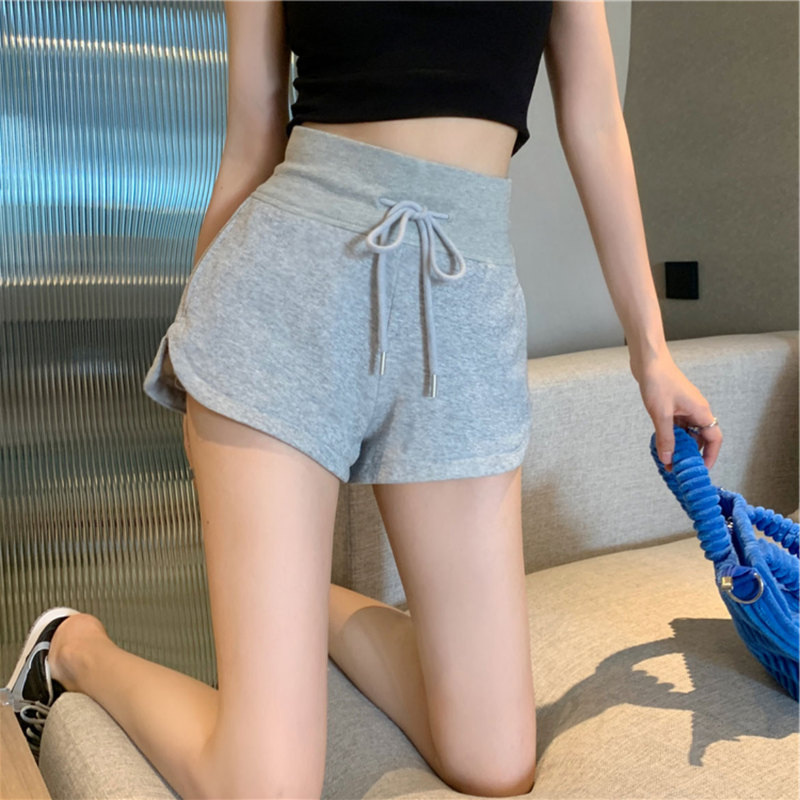 Hong Kong Style Gray Casual Pants for Women, Summer High-Waisted Shorts, Drawstring Sports Pants, Stylish Slit Hot Pants, Straight-Leg Pants