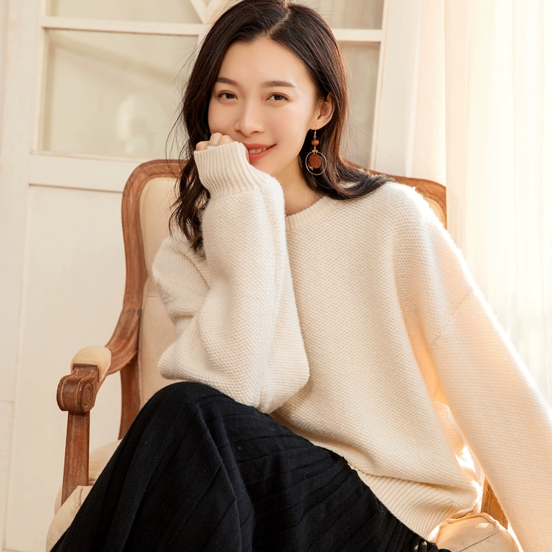 Áo len cashmere dày tinh khiết Áo len nữ cổ cao cổ áo rộng tay áo len cộng với kích thước đan hoang dã 19 Thu / Đông Mới - Áo len