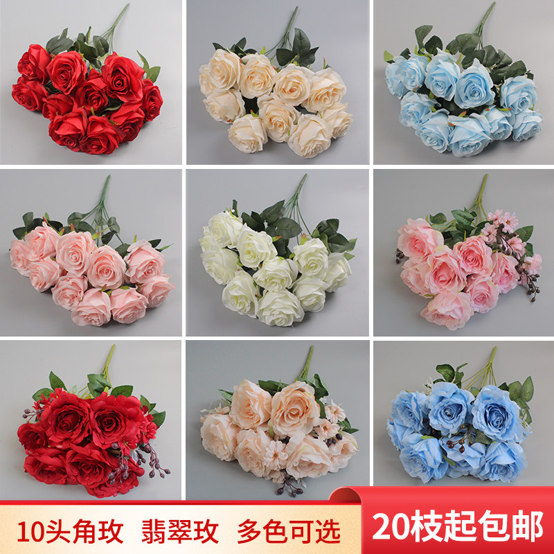Wedding celebration 12 big tea rose simulation flower emerald rose fake flower silk flower road leads 10 corner rose background wall flower arrangement decoration
