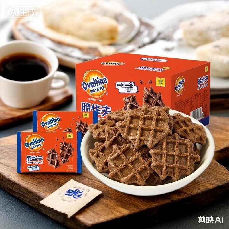 Full-Flavored Waffle with Ovaltine Crispy Waffle Cocoa Butter Flavor, Popular Snack for Afternoon Tea, Crispy Pastry Treat