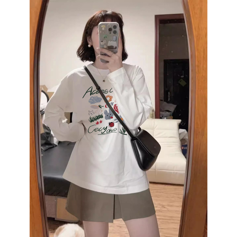 Maternity Long-Sleeved Top, Stylish and Loose-Fitting, Mid-Length, Covers the Belly, Pure Cotton White T-Shirt, Maternity Wear