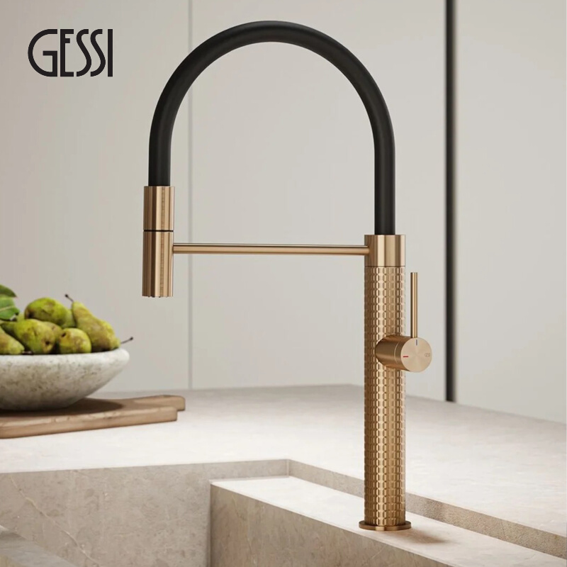 Italian Gessi Kitchen Faucet Island Full Copper Splash-Proof Hot and Cold Pull-Out Rotating Brushed Rose Gold Faucet