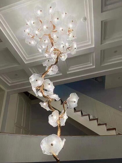 Rotating Staircase Chandelier with a Zen-Inspired, Light Luxury, High-End Design, All-Copper, New Chinese-Style Villa Living Room Lotus Leaf Lamp