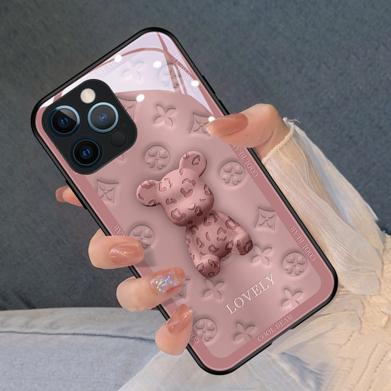 Rose powder BAO WEN bear apply iphone13promax mobile phone protection shell new Apple 13pro tide card 12mini lovers x upscale 11 mesh red xs