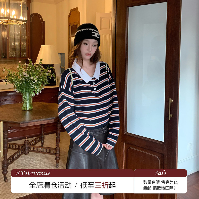 [In-Stock Clearance] Fei Avenue Polo Collar Striped Loose Sweater Miu-Style Vintage Knit Top