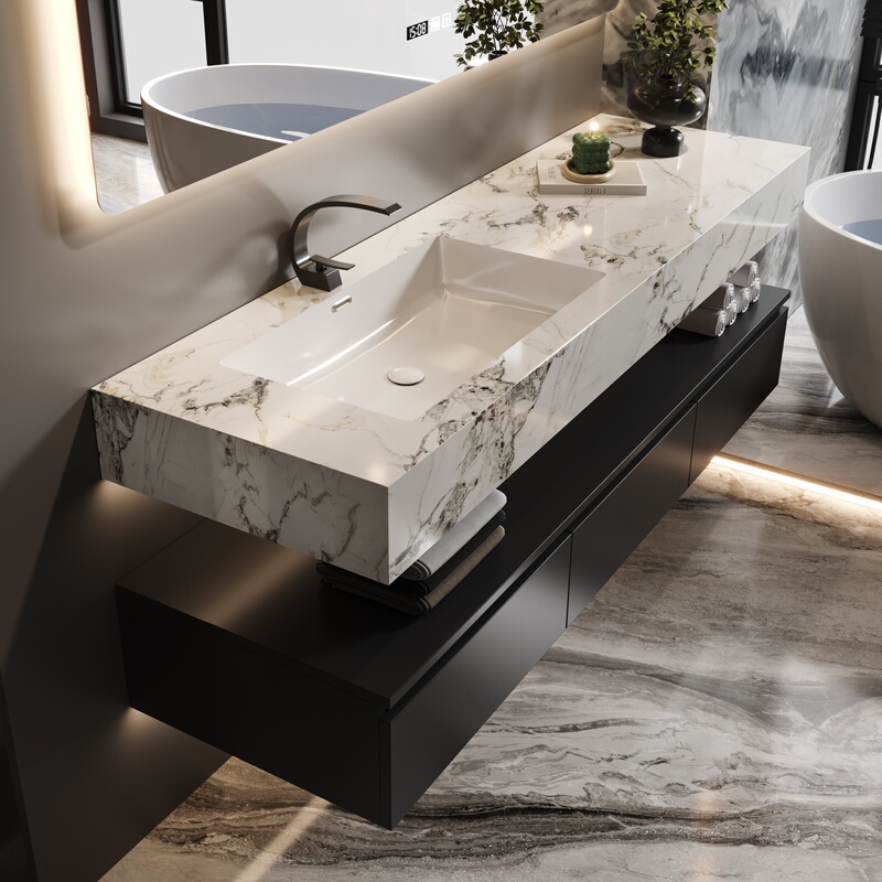Hotel-Style Stainless Steel Bathroom Cabinet, Light Luxury Rock Slab Ceramic Seamless Integrated Basin, Bathroom Washbasin Cabinet Hotel-Style Stainless Steel Bathroom Cabinet, Light Luxury Rock Slab Ceramic Seamless Integrated Basin, Bathroom Washbasin Cabinet