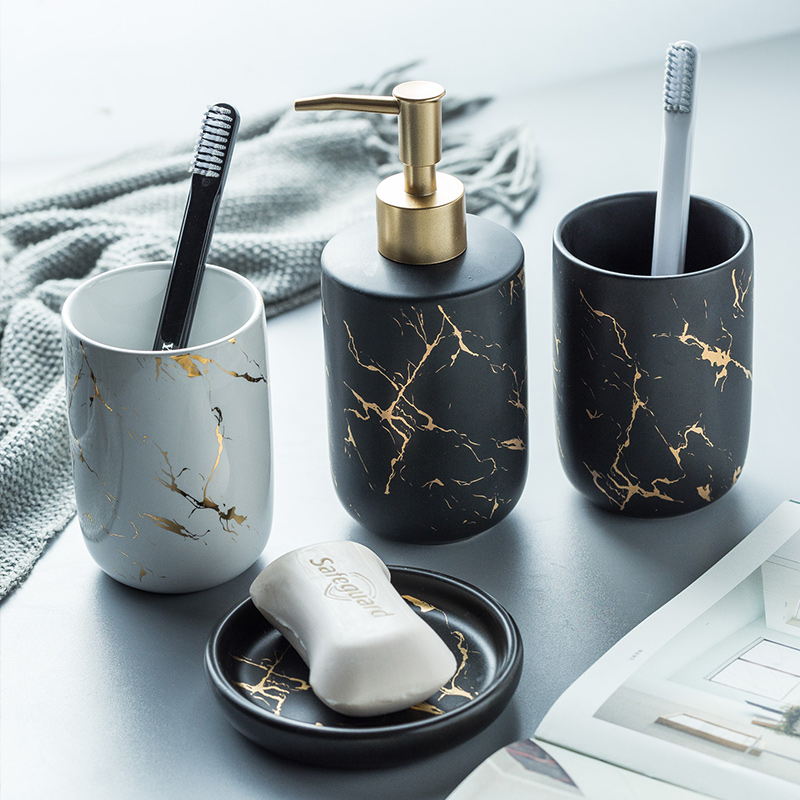 Nordic light luxury Marbled ceramic bathroom five-piece set Creative toothbrush mouthwash cup Wedding gift washing set