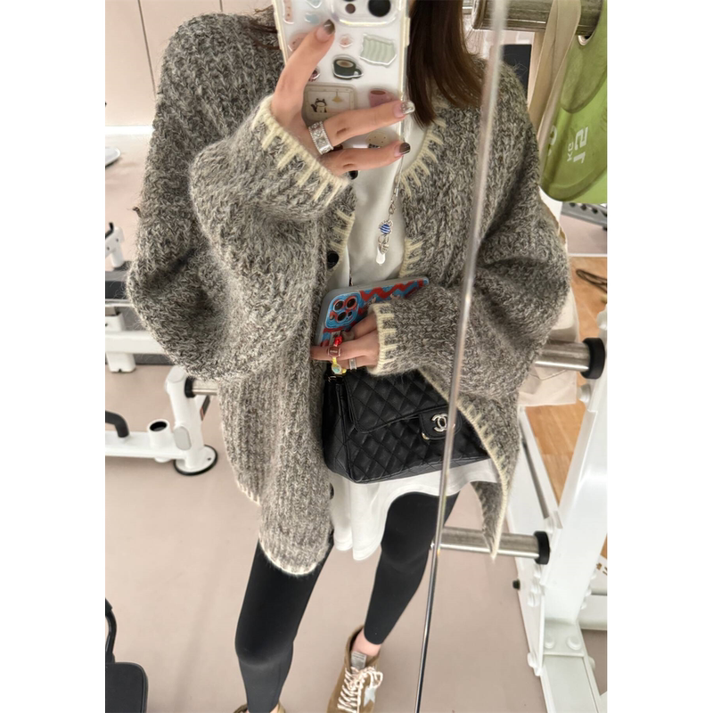 Yang Shishier [Color-Blocked Perforated Ribbed Placket] Variegated Floral Yarn Round-Neck Wool Knit Cardigan Sweater
