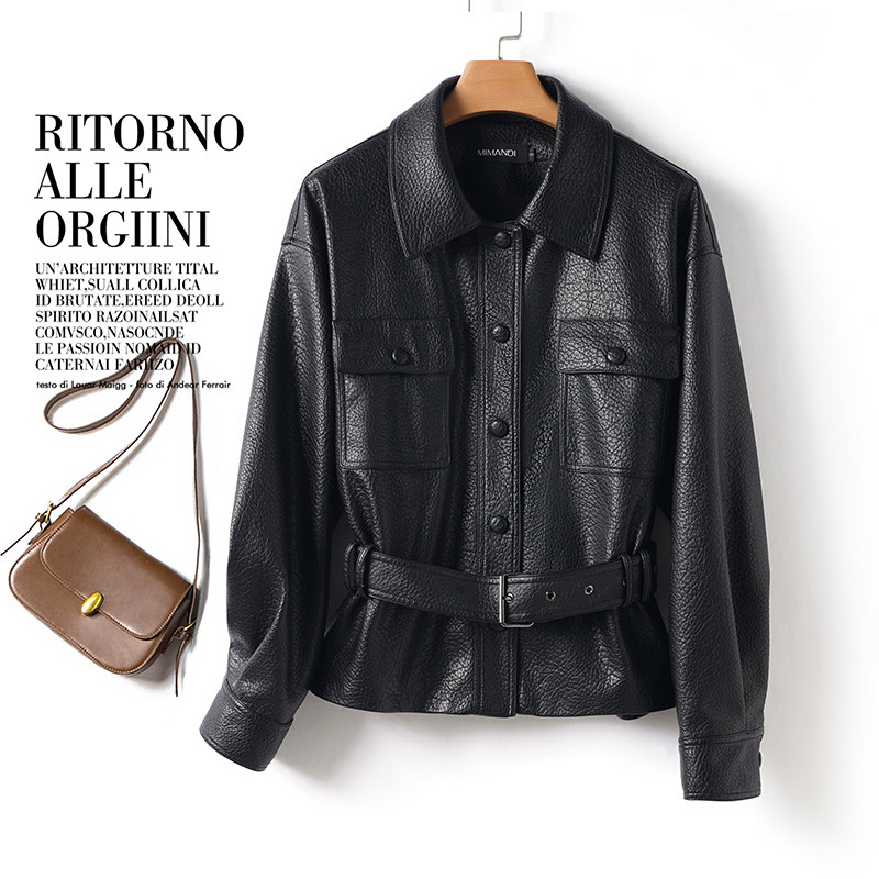 Кожаная куртка Haining leather, женская короткая куртка из овечьей кожи, новинка 2025 года, куртка из пропитанной кожи, мотоциклетная куртка Song Jia, та же тенденция Изображение 1