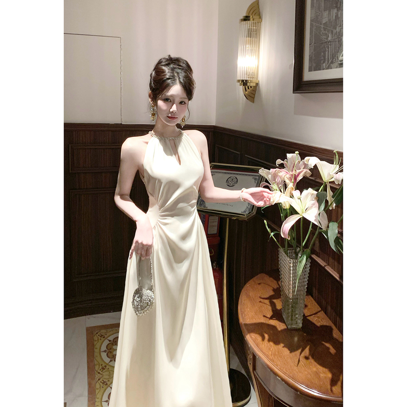 Good Job【Kun Yi】French Satin Waist-Cinching Halter Neck Dress with Sparkling Diamonds, High-End Formal Dress, White Long Dress