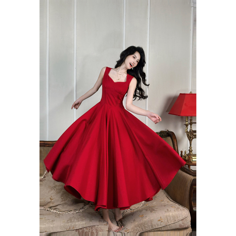 Good Job【Bei Weiwei】French-Style V-Neck Red Elegant Sleeveless Dress for Women with Large Skirt and Waist-Cinching Design Good Job【Bei Weiwei】French-Style V-Neck Red Elegant Sleeveless Dress for Women with Large Skirt and Waist-Cinching Design
