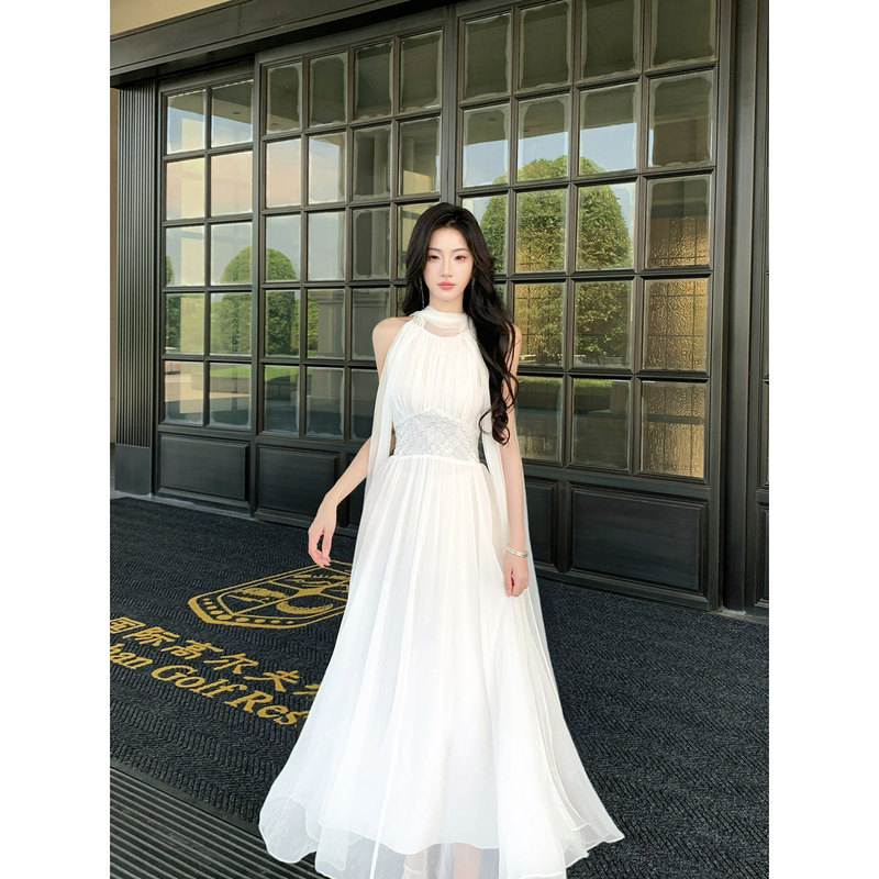 Gjfd【Flowing Night Shadow】French-Style White Heavy-Duty Greek Goddess Dress, Summer High-End Waist-Cinching Mesh Dress