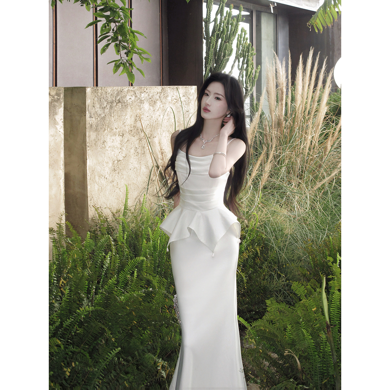 Gjfd【Ephemeral Flower Chronicle】French Satin Elegant Spaghetti Strap Sleeveless Dress with Waist-Cinching Ruffles Birthday Dress Gjfd【Ephemeral Flower Chronicle】French Satin Elegant Spaghetti Strap Sleeveless Dress with Waist-Cinching Ruffles Birthday Dress