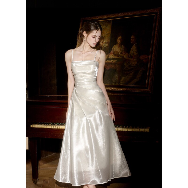 Gjfd French Satin Party Light Dress with Straps, Sleeveless, Asymmetrical Dress, Tube Top Birthday Dress, Long Dress Gjfd French Satin Party Light Dress with Straps, Sleeveless, Asymmetrical Dress, Tube Top Birthday Dress, Long Dress