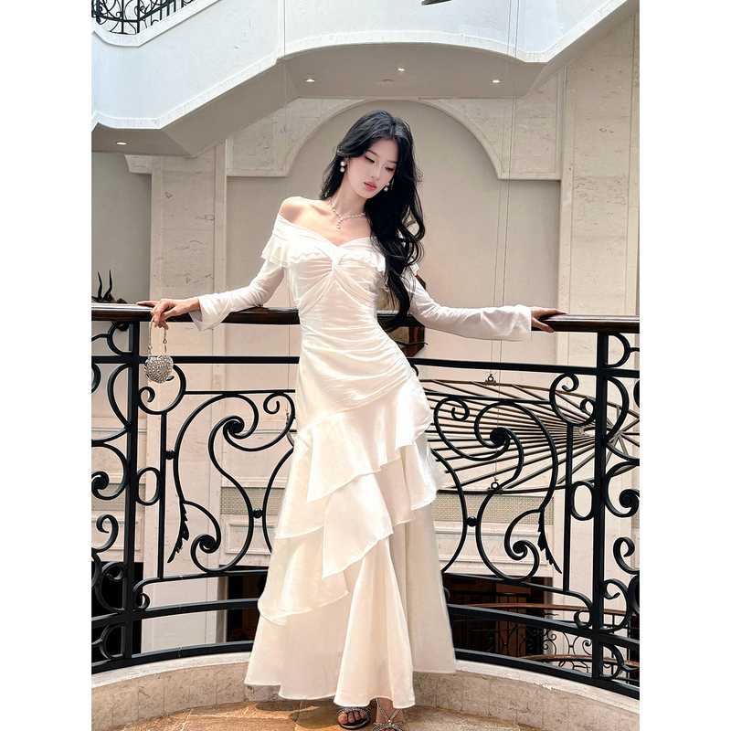 Good Job【Twin Flower Language】French-Style Long-Sleeve Off-Shoulder Light Luxury Long-Sleeve Dress Birthday Photoshoot Dress