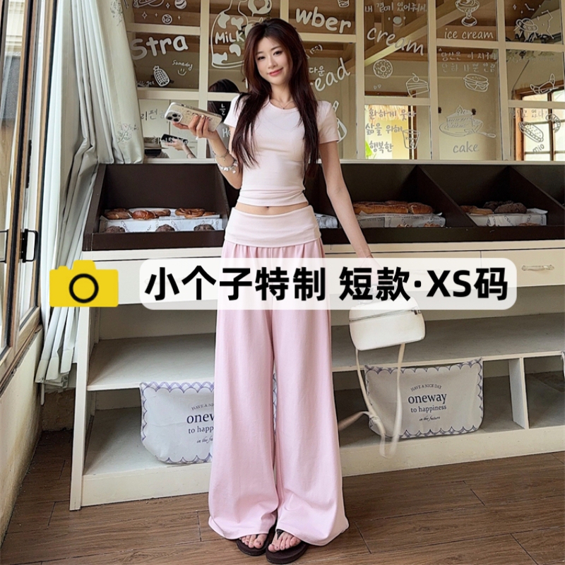 150cm Petite Slim-Fit Pink Short-Sleeve T-Shirt Top Women's Summer Outfit High-Waisted Wide-Leg Pants Casual Pants Two-Piece Set