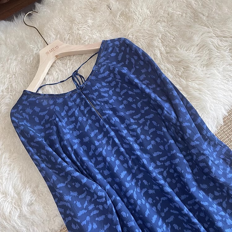 Dress, Mulberry Silk Long-Sleeved Dress with Printed Pattern, Elegant and Slimming, French-Style Backless Mini Skirt with Bow on the Back