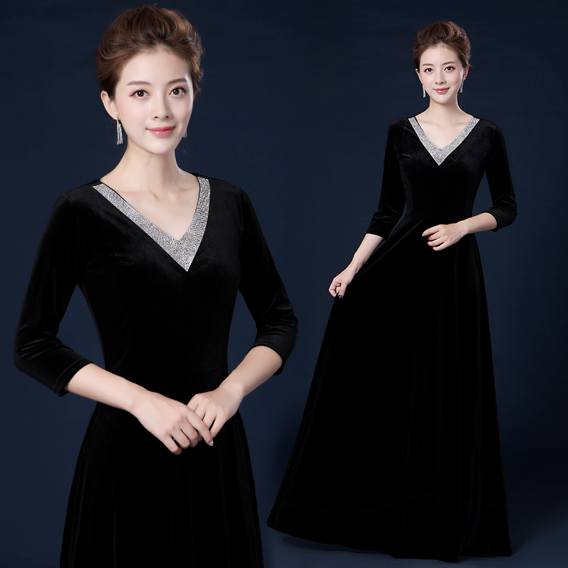 New Women's Velvet Choir Dress Long Dress Middle-Aged and Elderly Choir Performance Dress Stage Conductor Dress