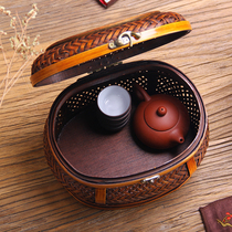  Ancient bamboo woven Kung Fu tea storage box Teapot Teacup box Household tea ceremony crafts handmade retro portable