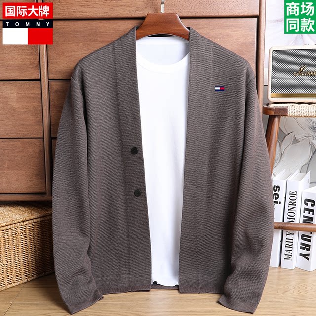 ແທ້ຈິງແລ້ວ Tommy Tommy 2024 Spring New Cardigan Men's Youth Loose Knitted V-Neck Cashmere Sweater Jacket