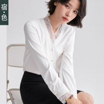 The color shirt female design sense niche lace stitching chiffon shirt jacket Korean version of temperament fashion v-collar shirt