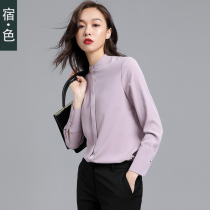 The red color small stand neck shirt womens long sleeves early autumn new Korean fashion shirt professional temperament has a hanging chiffon shirt