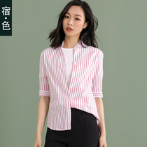 The color shirt womens middle sleeve summer new stand collar red and white striped cotton linen coat Korean sunscreen shirt