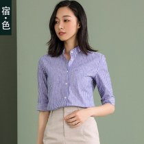 The color cotton linen shirt womens summer new stand neck striped shirt middle sleeve fashion temperament shirt