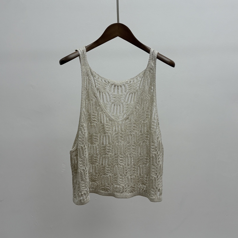 Japanese Paper Yarn Nano Silk Women's Summer Thin Hollow Crochet Design Beach Casual Style Sleeveless Layered Tank Top
