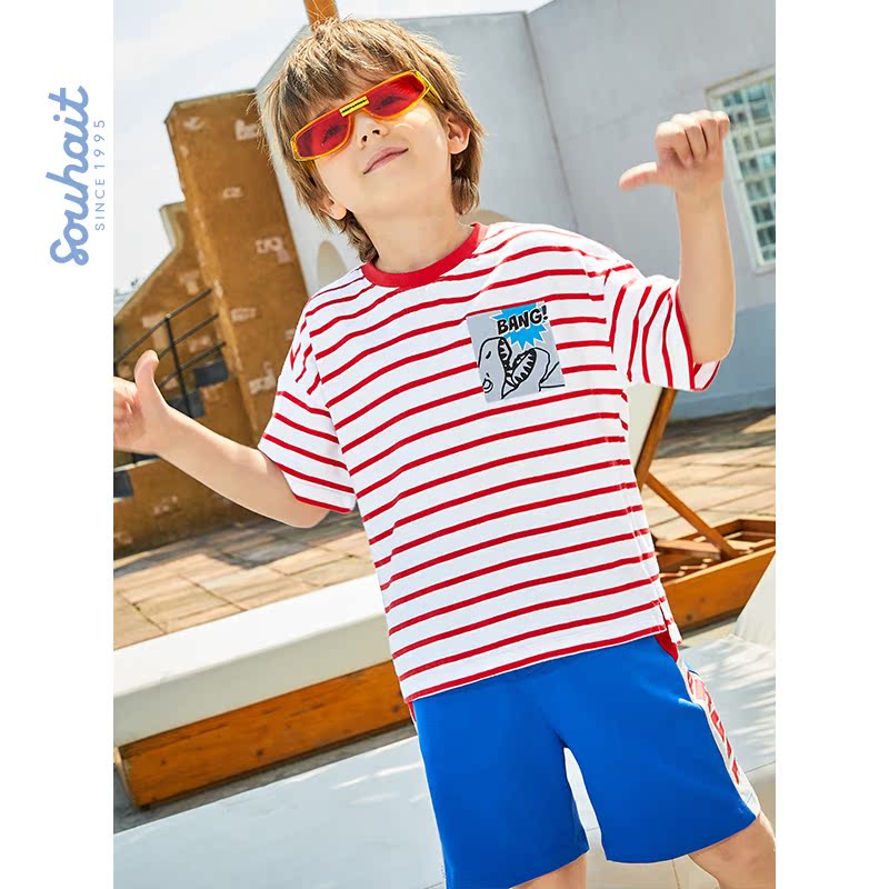 Nước Boy T-shirt quần short thiết lập năm 2020 mùa hè mới phong cách giản dị sọc áo thun quần short thiết lập.