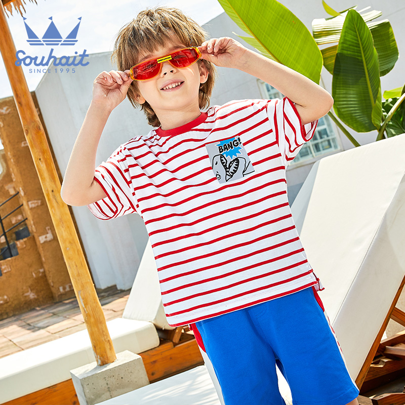 Nước Boy T-shirt quần short thiết lập năm 2020 mùa hè mới phong cách giản dị sọc áo thun quần short thiết lập.